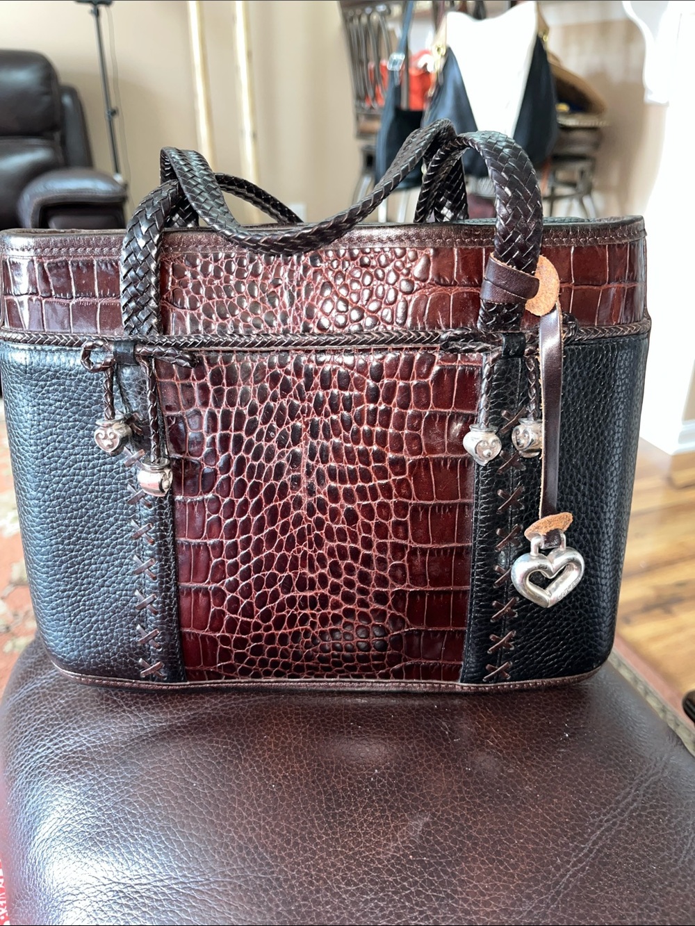 EUC Authentic Vintage Brighton Pandora Black and brown croc leather handbag